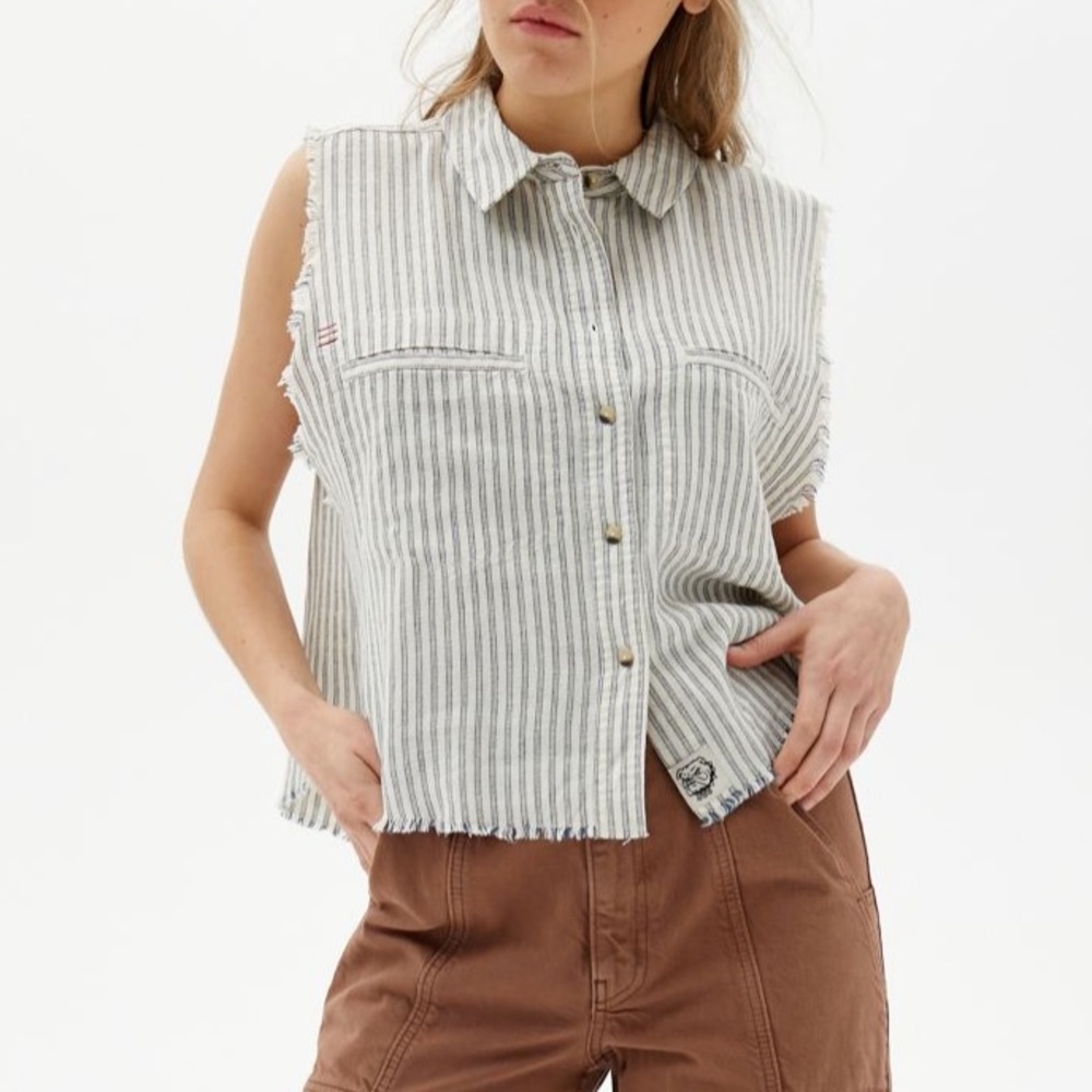 NWT UO Vintage Cut Pinstripe Sleeveless Linen Blend Button Top